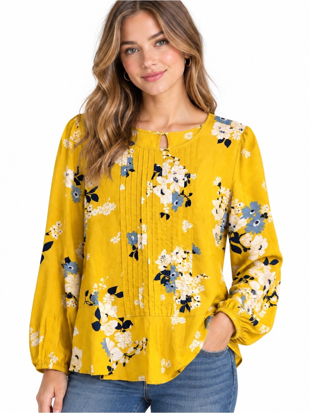 Old Navy Mustard Yellow Floral Pintuck Blouse Cottagecore Boho Small Coquette